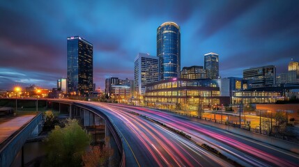 Obraz premium 17.A dynamic nighttime scene of downtown Cincinnati, where modern skyscrapers rise high into the night sky, their windows illuminated with bright lights. The cityâ€™s iconic bridges cross the river,