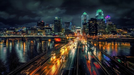 Obraz premium 19.A lively night scene of Cincinnatiâ€™s downtown, where the skyline is aglow with colorful lights from skyscrapers and the lights of vehicles on the bridges below. The tall buildings reflect off the