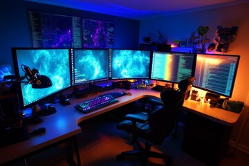High-tech gaming setup with multiple monitors illuminated by colorful LED lights