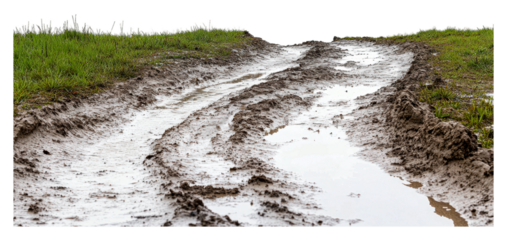 Muddy trail after rain reveals tire tracks isolated on transparent background