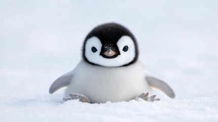 Fototapeta premium Baby emperor penguin chick sitting on the white snow in Antarctica during daytime.