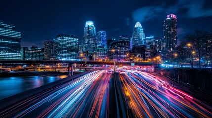 Fototapeta premium 22.A stunning urban landscape of downtown Cincinnati at night, with the cityâ€™s skyline towering over the scene. The skyscrapers are illuminated with bright lights, casting vibrant reflections on the