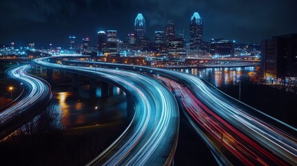 Obraz premium 23.A wide-angle view of Cincinnati's downtown skyline at night, with modern skyscrapers lit up in a variety of hues. The city's iconic bridge stretches across the river, with vehicles in motion,