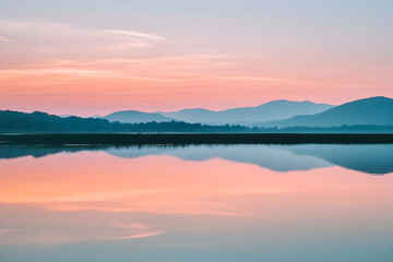 Fototapeta premium Serene Landscape at Dusk Reflecting Tranquil Waters and Mountain Silhouettes, Evoking a Sense of Onward Journey and Peace