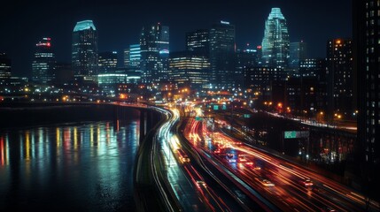 Fototapeta premium 25.A vibrant, nighttime cityscape of downtown Cincinnati, with high-rise buildings lighting up the skyline. The bridge across the river is illuminated with traffic moving smoothly, leaving glowing