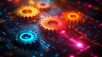 Fototapeta premium Glowing gears on a circuit board.