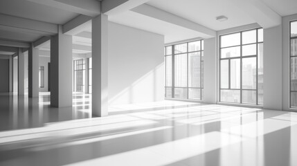 Modern architectural space with large windows urban office setting minimalist design natural light