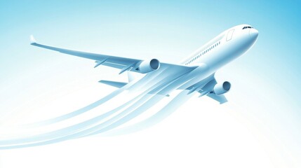 31.A simple, clean vector illustration of an airplane soaring through the sky, with the background gradually fading behind it. The airplane is sleek and modern, and the sky behind it is a gradient of