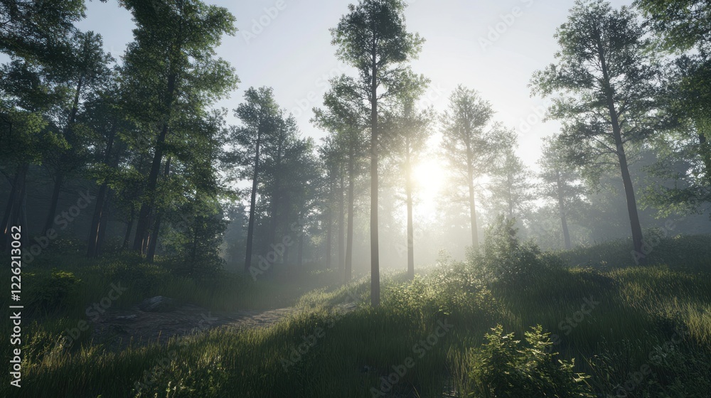 Poster sunlight filters through a dense forest creating a mystical and serene atmosphere