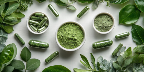 Obraz premium Green capsules and powder surrounded by fresh leaves create vibrant, natural display. This composition highlights health benefits of plant based supplements and their organic origins
