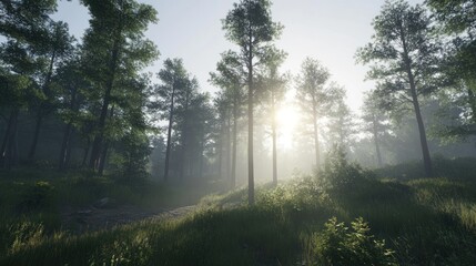 Obraz premium Sunlight filters through a dense forest creating a mystical and serene atmosphere