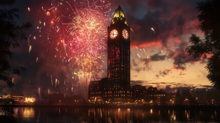 37.A stunning view of Montreal's iconic clock tower, illuminated by a spectacular fireworks display during a summer evening. The fireworks explode in vibrant colors, lighting up the dark sky in
