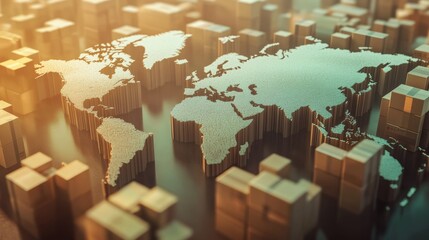 Global trade represented through a wooden textured world map with boxes symbolizing shipping and logistics