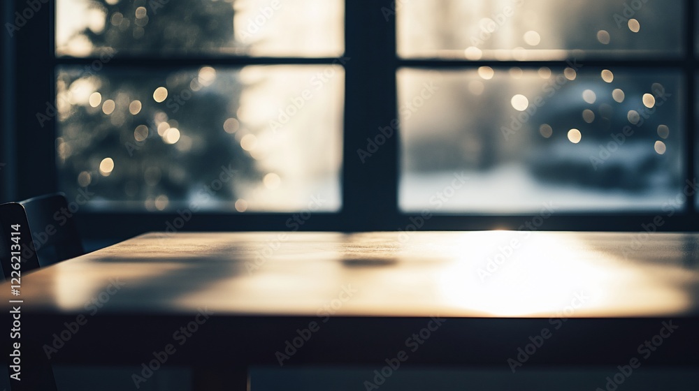 Poster a serene view of a wooden table and window with blurred lights in the background at dusk