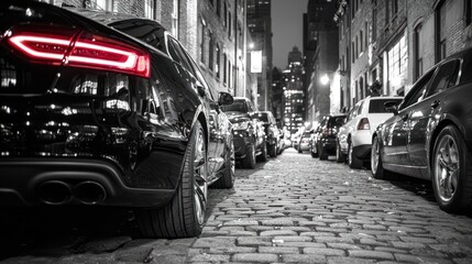 A nighttime street scene featuring parked cars on a cobblestone road.