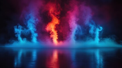 Red and blue smoke illuminated on dark reflective floor.