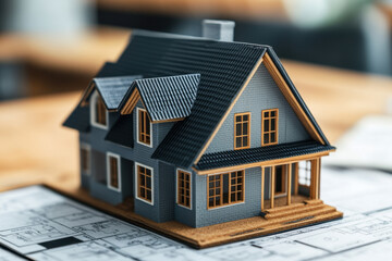 detailed model of house sits on architectural plans, showcasing its design and structure. This representation highlights intricacies of real estate development and planning