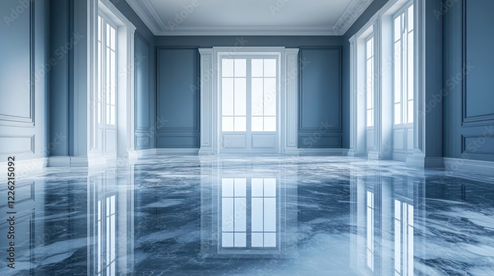 Poster elegant empty room with polished marble floor and large windows reflecting light.