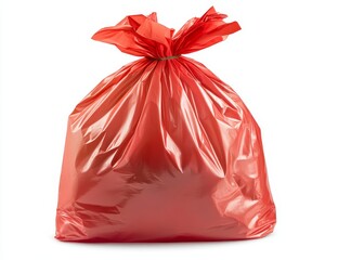 Full red plastic trash bag isolated on white.