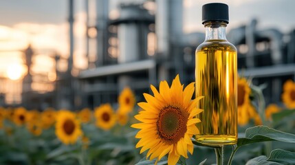 A bottle of oil stands among sunflowers with industrial structures in the background.