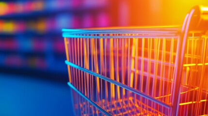 A vibrant shopping cart illuminated by colorful lights in a modern retail environment