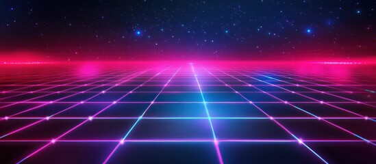 Retro futuristic grid landscape with glowing neon lines and starry sky.