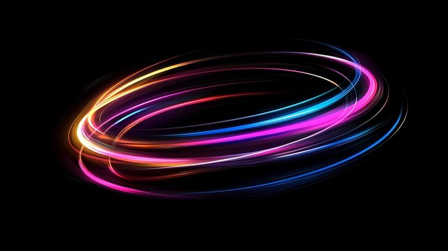 Vibrant colorful light trails forming swirling ellipses on black background.