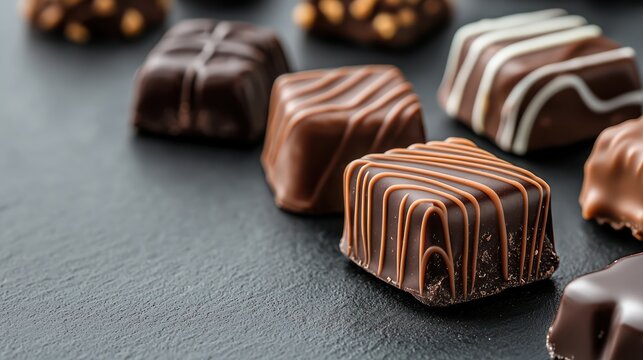 A close-up of assorted gourmet chocolates arranged on a dark surface.