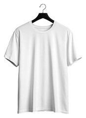 Plain white t-shirt hanging on a black hanger isolated on transparent background