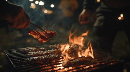 Nighttime BBQ with Smoky Grill and Bacon being cooked over glowing fire flames