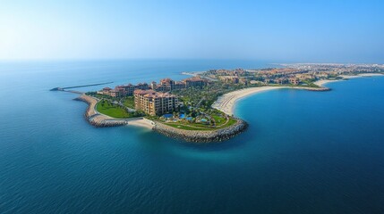 View of Dubai Palm Jumeirah Island showcasing luxurious resorts and serene coastal beauty