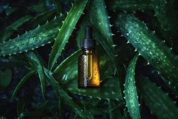 serum bottle surrounded by fresh aloe vera leaves, showcasing natural and refreshing aesthetic. droplets on bottle enhance its appeal, emphasizing hydration and skincare benefits