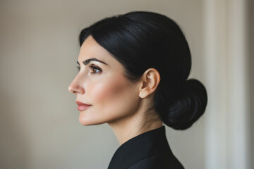 Fototapeta premium side view portrait of executive woman with black hair, showcasing elegance and professionalism. Her confident expression reflects determination and poise