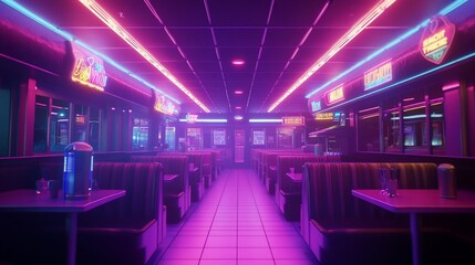 Retro diner interior with vibrant neon lights and a nostalgic 1980s aesthetic