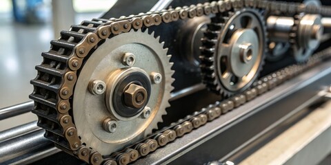 Detailed look at metal gears and chains in an industrial machinery setting focused on precision engineering