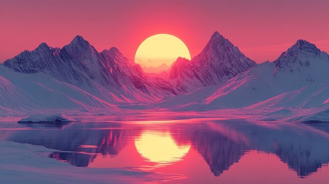 Pink sunset over snow-capped mountains reflected in a calm lake.