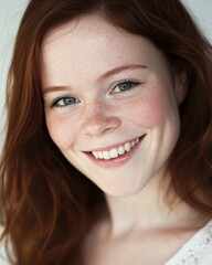 Young woman with radiant smile showcasing natural beauty in soft lighting indoors
