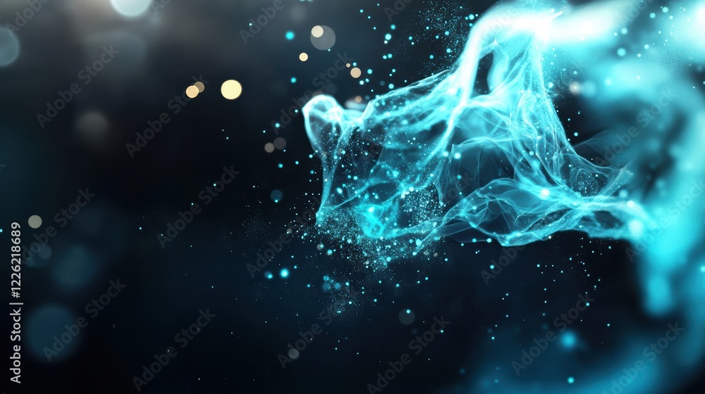 Poster dynamic flow of aquatic particles abstract space digital artwork ethereal environment close-up view 