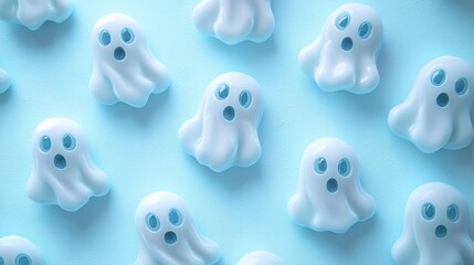 Array Of Ghostly Candy Treats Scattered On Solid Pale Blue Background Light And Tasty Sweetness.