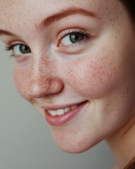 Naklejka premium Young person smiles softly, showcasing freckles and bright green eyes, natural lighting highlights facial features