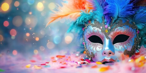 Carnival Festival Colorful Feathered Mask with Streamers Bokeh Lights and Confetti Celebration