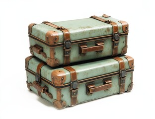 Two vintage suitcases stacked, worn teal, brown leather accents, isolated on white.