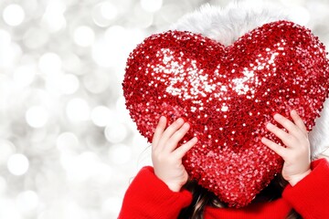 Fototapeta premium Commercial promotion conceptual art. Sign of love. Ð¡hildren valentine's day greeting card: child girl with begging eyes face holds red heart in hands. Family holiday ad. Child hugging heart.