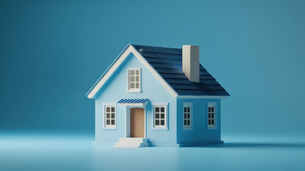tiny, cute blue house with chimney and windows, set against soft blue background, evokes sense of warmth and comfort