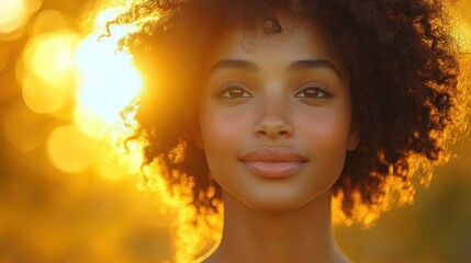 Fototapeta premium Peaceful Close-up Portrait of a Black Woman with Curly Hair Meditating at Sunset