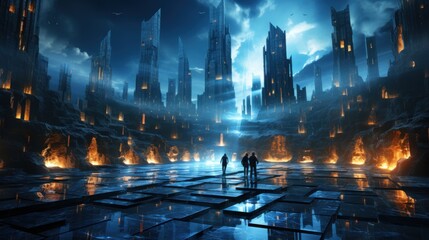 Obraz premium Nightfall in the Obsidian City: A Futuristic Metropolis