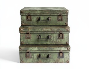 Stacked vintage green metal suitcases with rust and wear.
