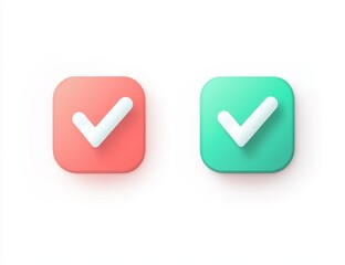 3D checkmark icons, red and green square buttons.