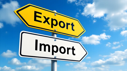 Fototapeta premium Import export yellow sign board against blue sky, trade between countries, trade surplus, tariff.