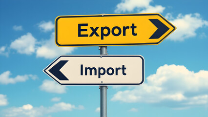 Fototapeta premium Import export yellow sign board against blue sky, trade between countries, trade surplus, tariff.